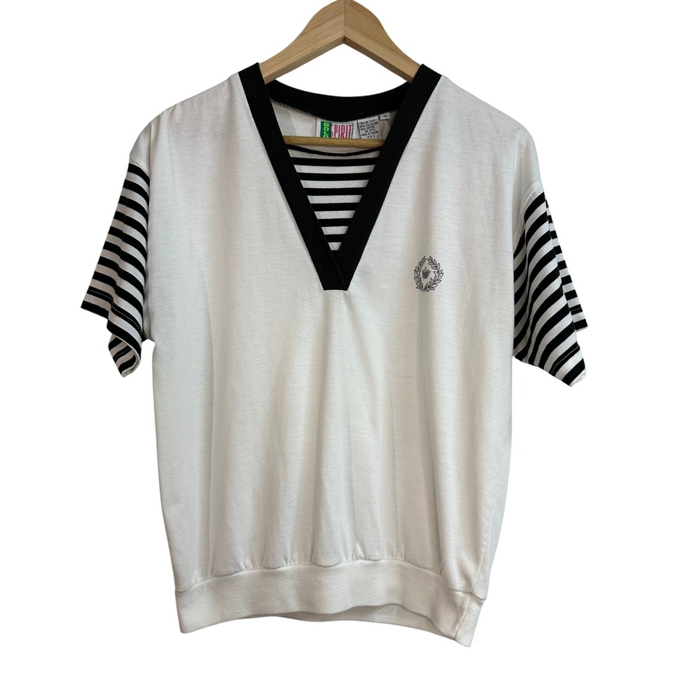 Bold Spirit Women's‎ V Neck Striped Sleeve T Shirt White Black Size S Casual 80s